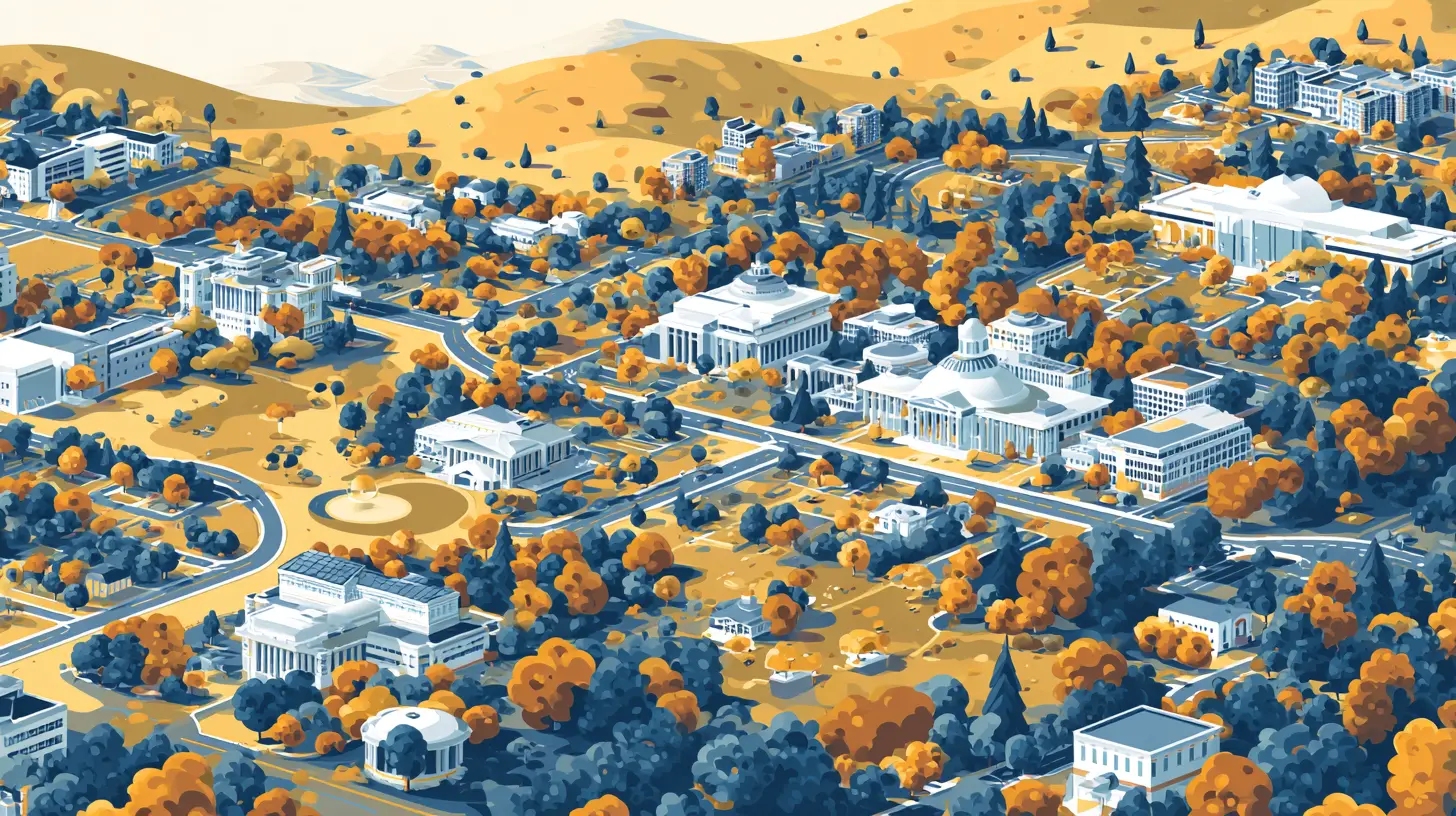 Aerial illustration of a university campus in autumn with golden and blue tones