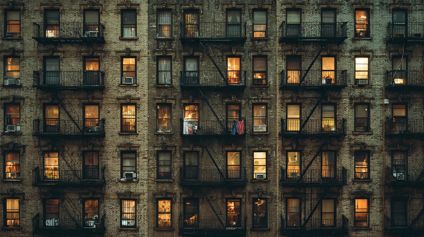 Apartment building facade at dusk with lit windows showing urban density